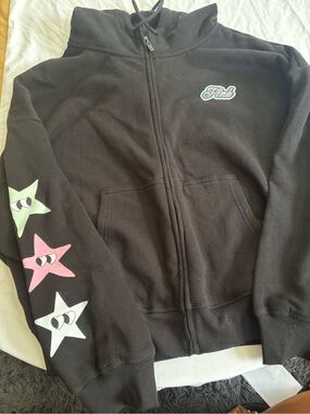 PINK Victoria's Secret Black Zip-Up Hoodie with Colorful Star Sleeve Graphics